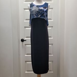 Wemens Sleeveless Draped Flare Dress Agean Blue Floral Schifon Navy Black Size S